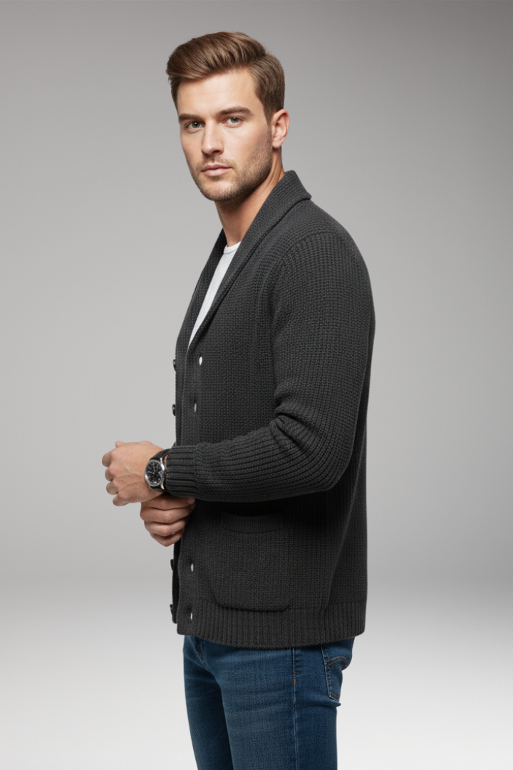 Men's Cardigan with Shawl Collar and Button Placket