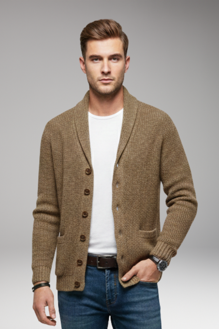 Men's Cardigan with Shawl Collar and Button Placket