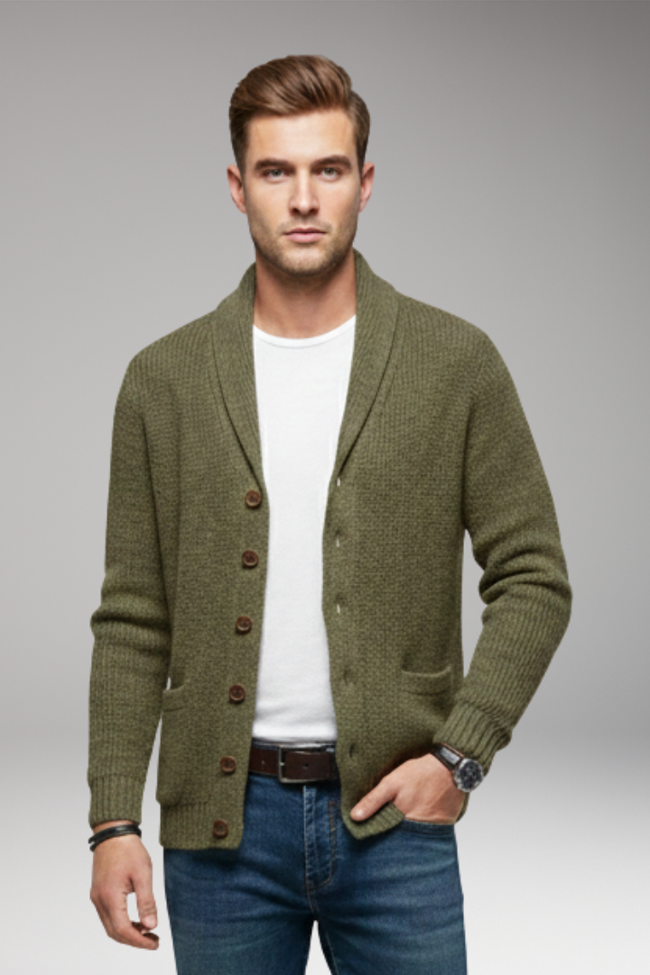 Men's Cardigan with Shawl Collar and Button Placket