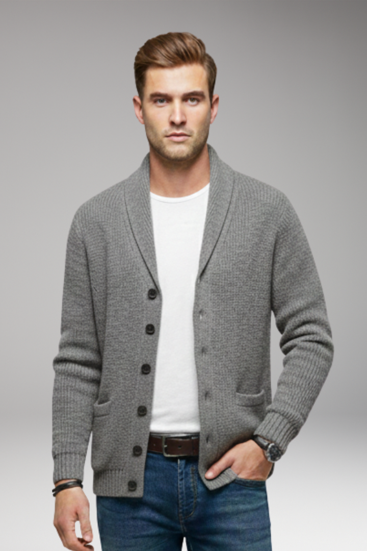 Men's Cardigan with Shawl Collar and Button Placket