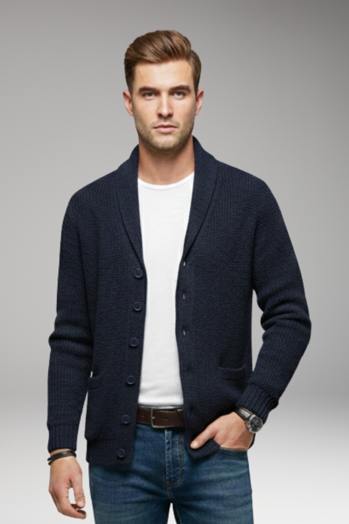 Men's Cardigan with Shawl Collar and Button Placket