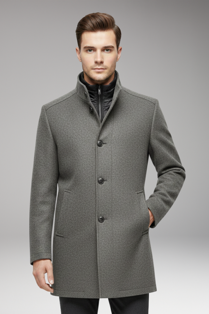 Men's Coat with Stand-up Collar and Button Closure