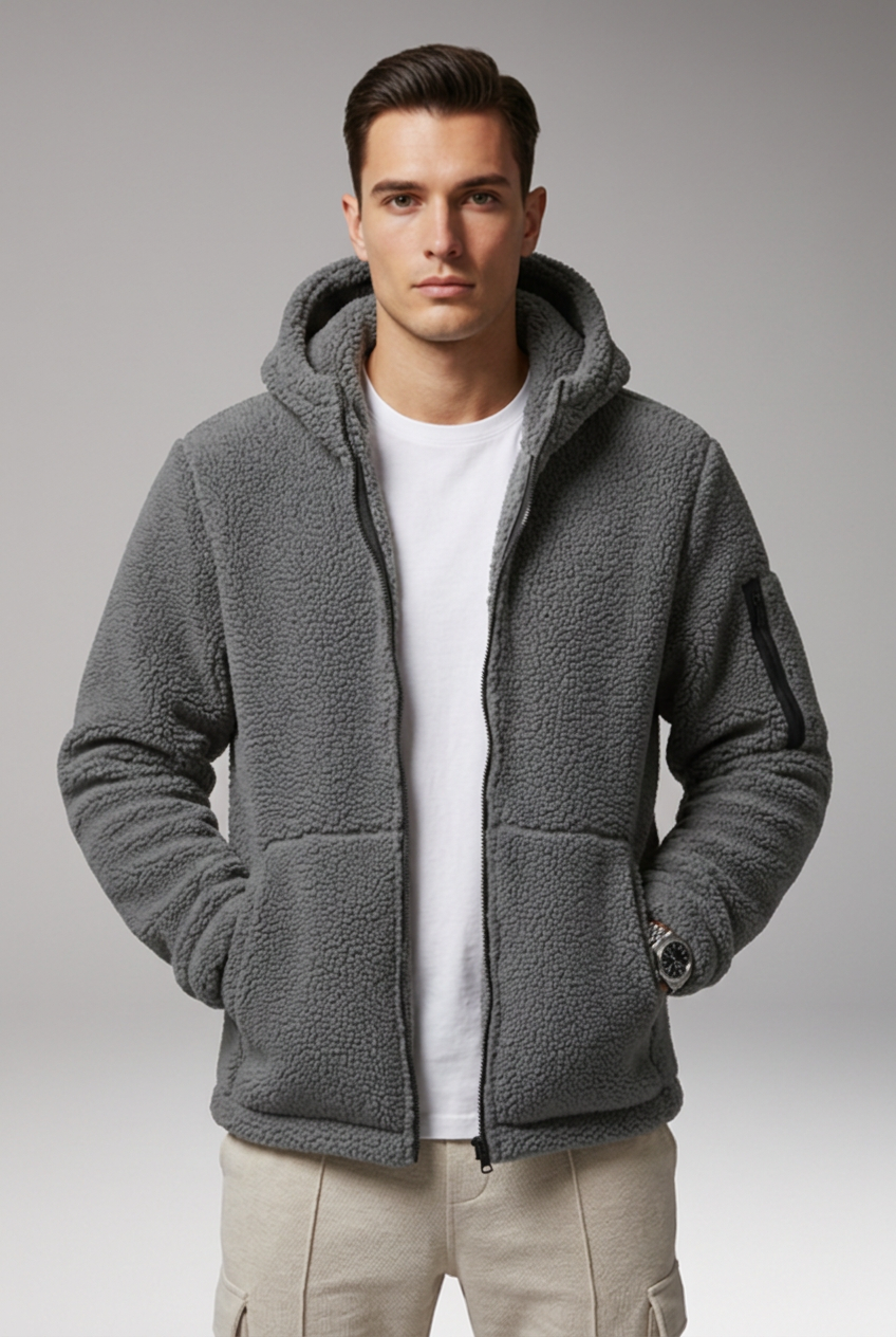 Men's Fleece Jacket with Hood and Zip Pocket