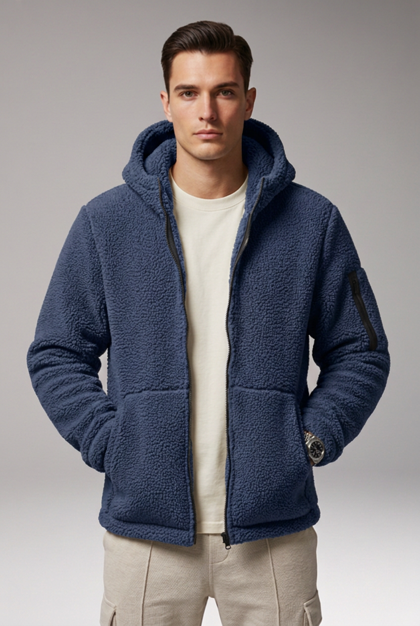 Men's Fleece Jacket with Hood and Zip Pocket