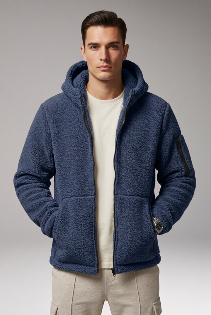 Men's Fleece Jacket with Hood and Zip Pocket