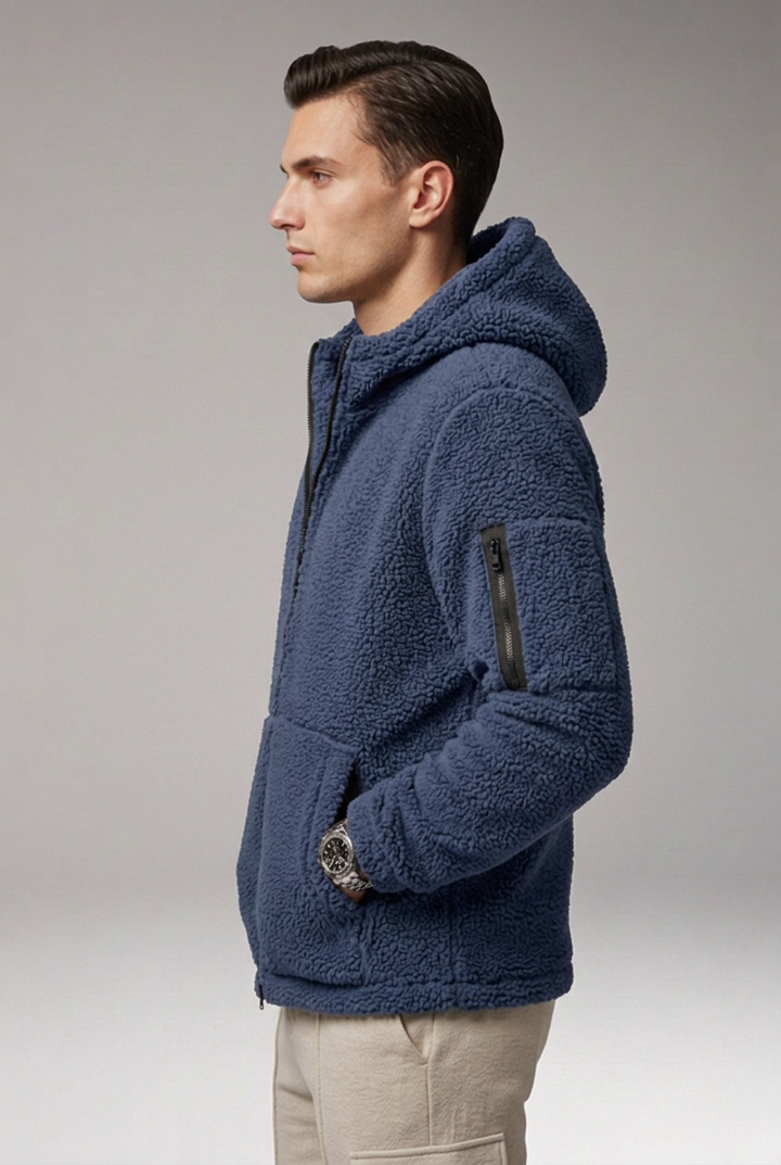 Men's Fleece Jacket with Hood and Zip Pocket
