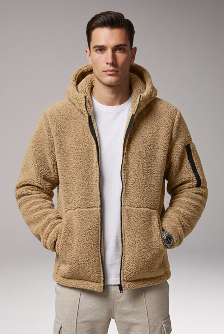 Men's Fleece Jacket with Hood and Zip Pocket