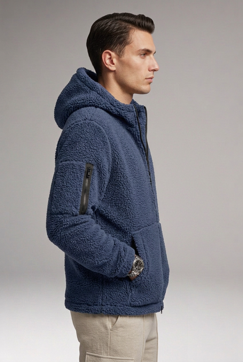 Men's Fleece Jacket with Hood and Zip Pocket