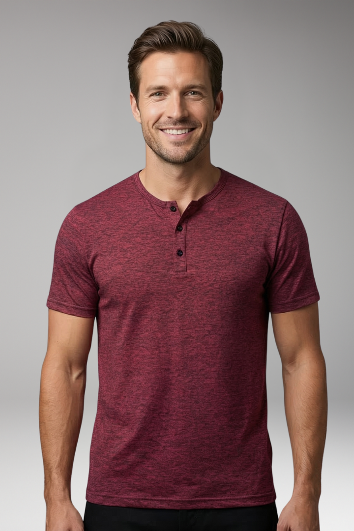 Men's Henley T Shirt with Button Placket and Short Sleeves