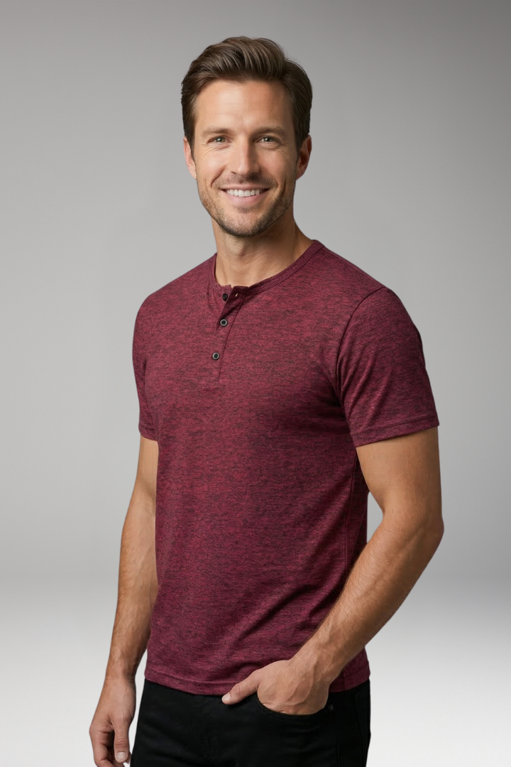 Men's Henley T Shirt with Button Placket and Short Sleeves