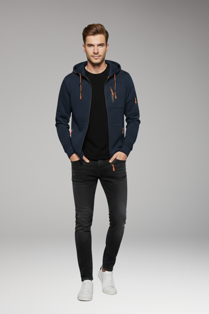 Men's Hoodie with Full Zipper and Ribbed Cuffs