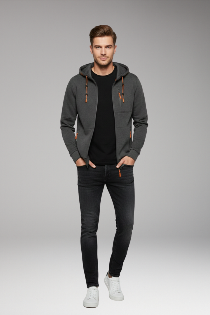 Men's Hoodie with Full Zipper and Ribbed Cuffs