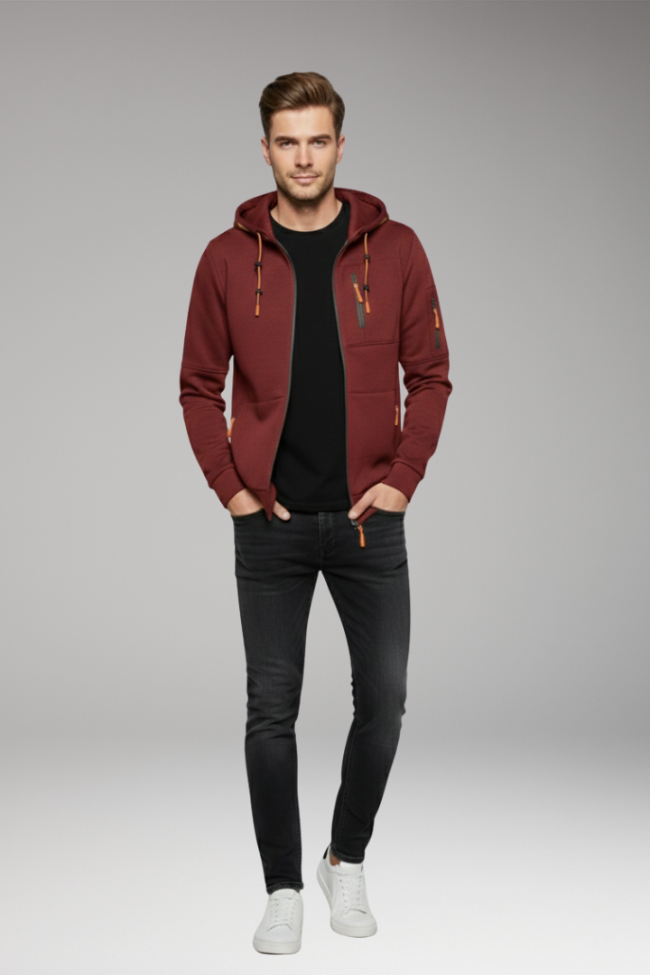 Men's Hoodie with Full Zipper and Ribbed Cuffs