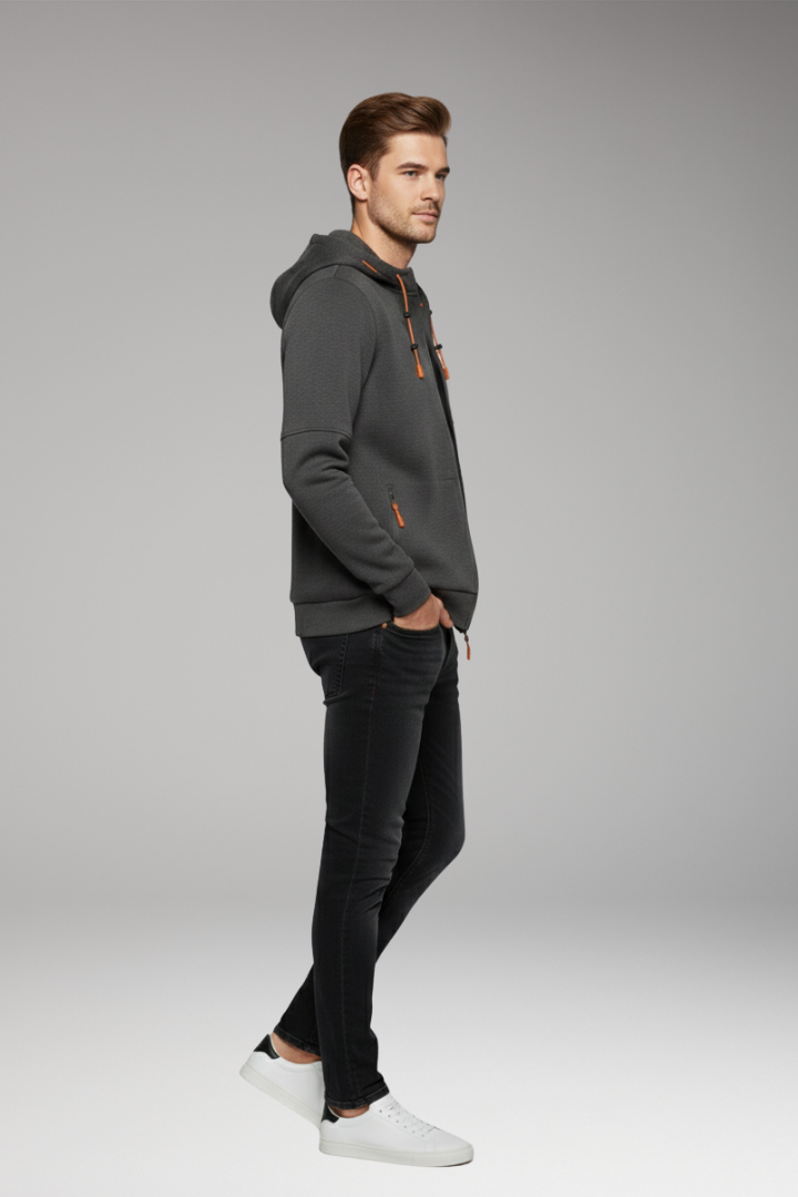 Men's Hoodie with Full Zipper and Ribbed Cuffs