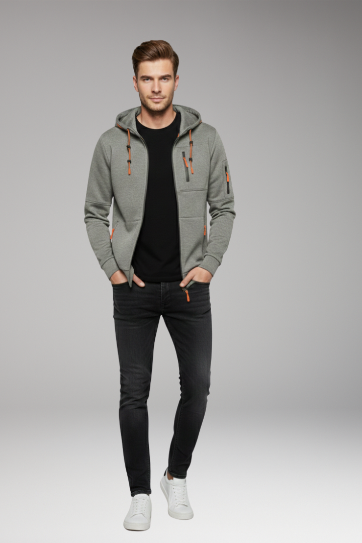 Men's Hoodie with Full Zipper and Ribbed Cuffs