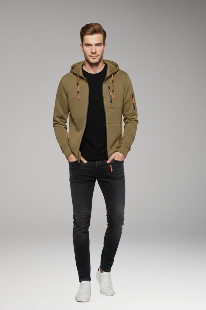 Men's Hoodie with Full Zipper and Ribbed Cuffs