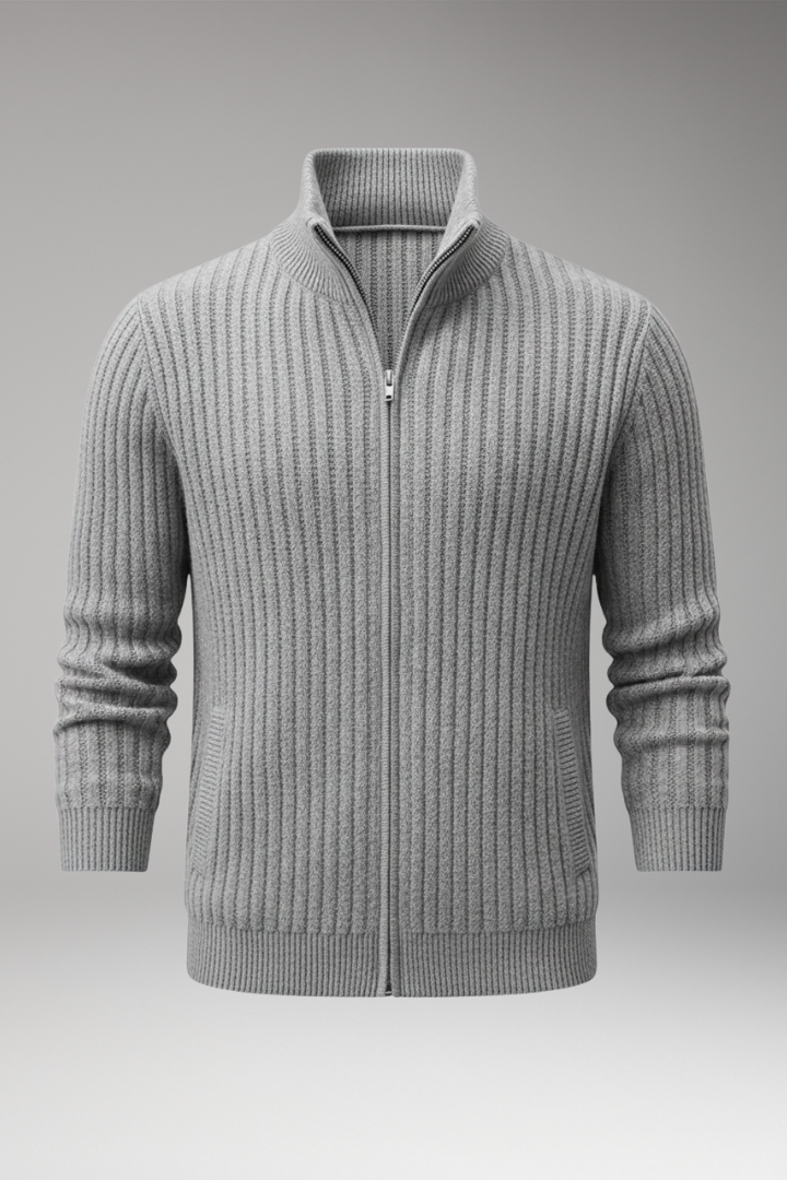 Men's Knit Cardigan with Stand Collar and Stripes