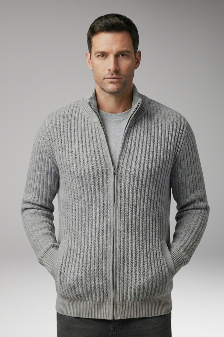 Men's Knit Cardigan with Stand Collar and Stripes