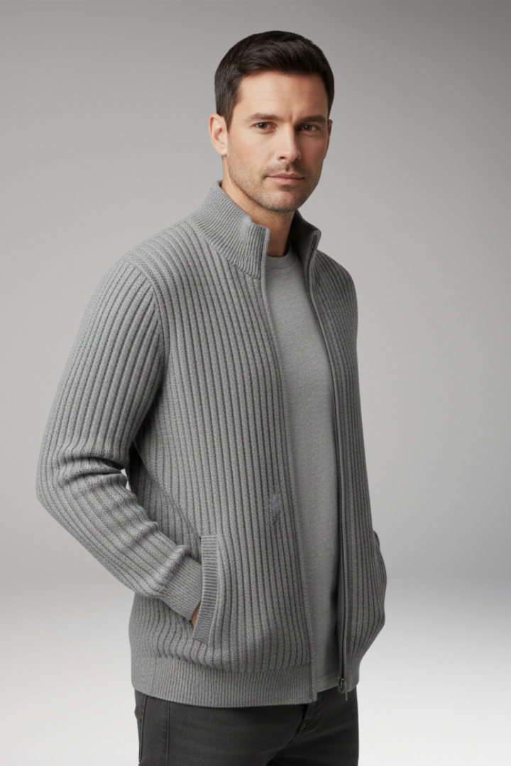 Men's Knit Cardigan with Stand Collar and Stripes