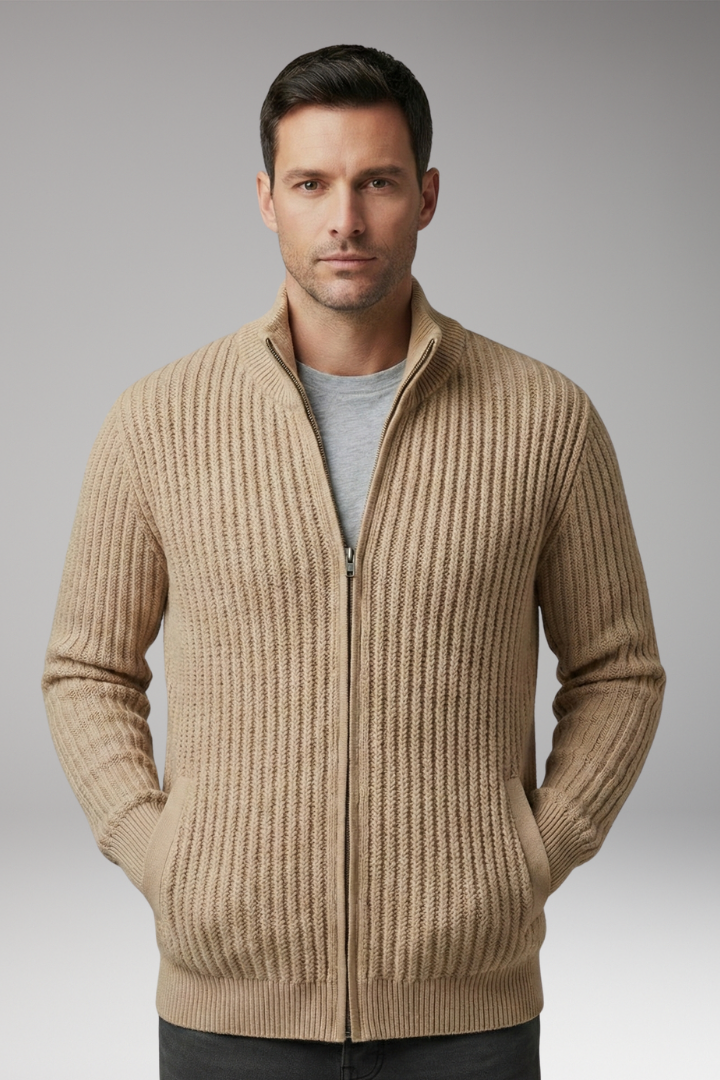 Men's Knit Cardigan with Stand Collar and Stripes