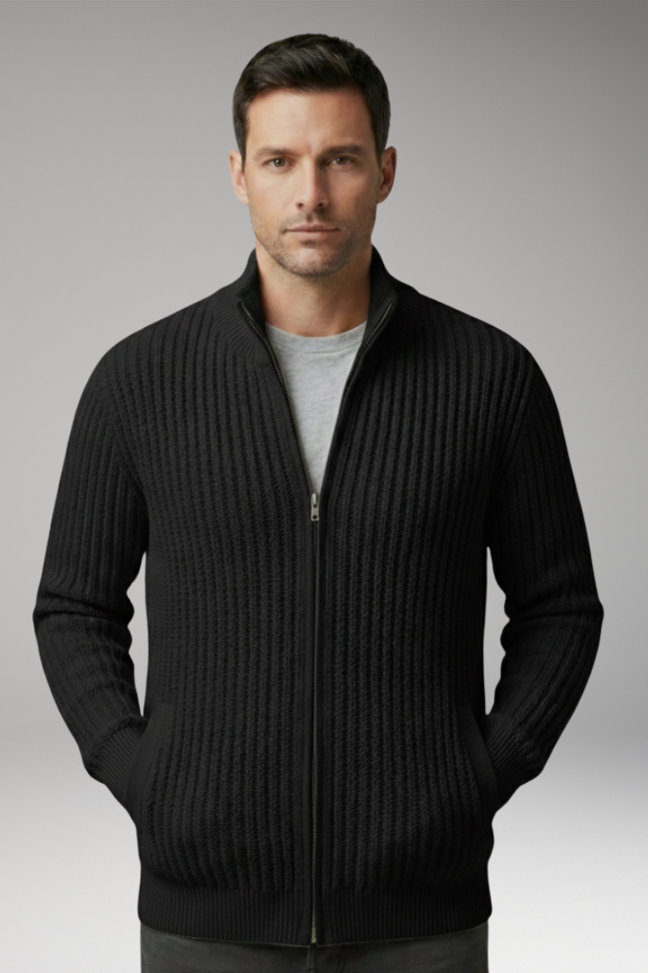 Men's Knit Cardigan with Stand Collar and Stripes