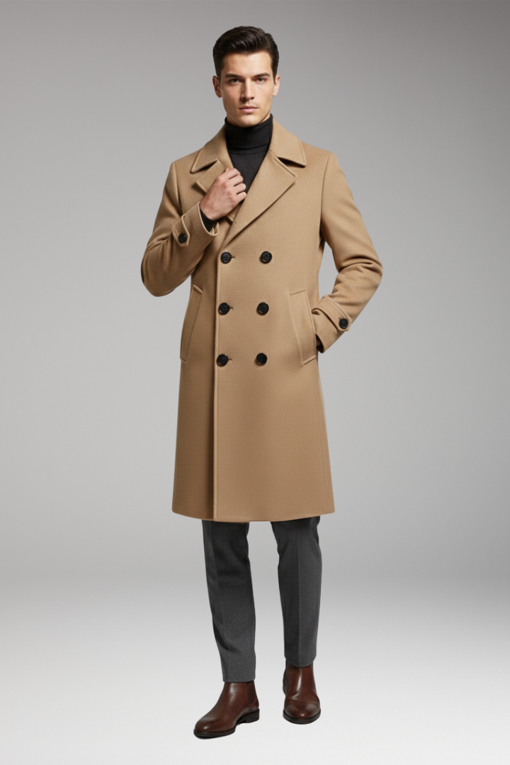 Men's Long Coat with Notched Collar and Dual-Row Front Fastening