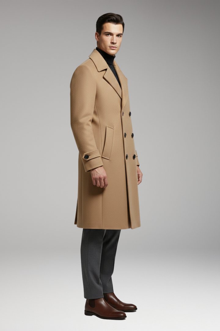 Men's Long Coat with Notched Collar and Dual-Row Front Fastening