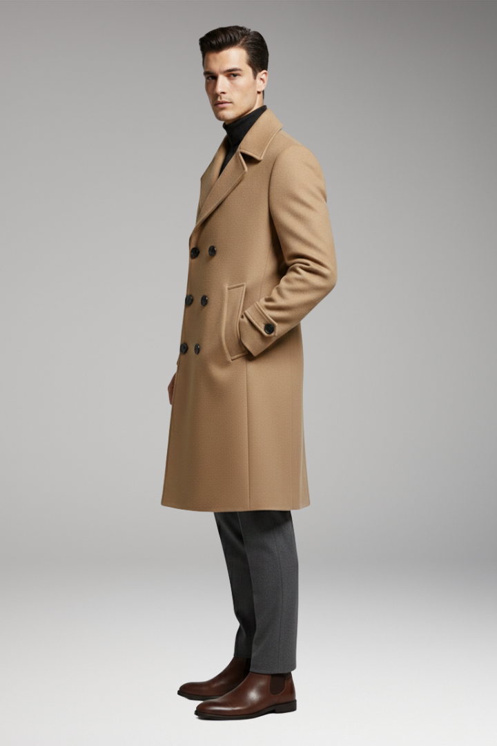 Men's Long Coat with Notched Collar and Dual-Row Front Fastening