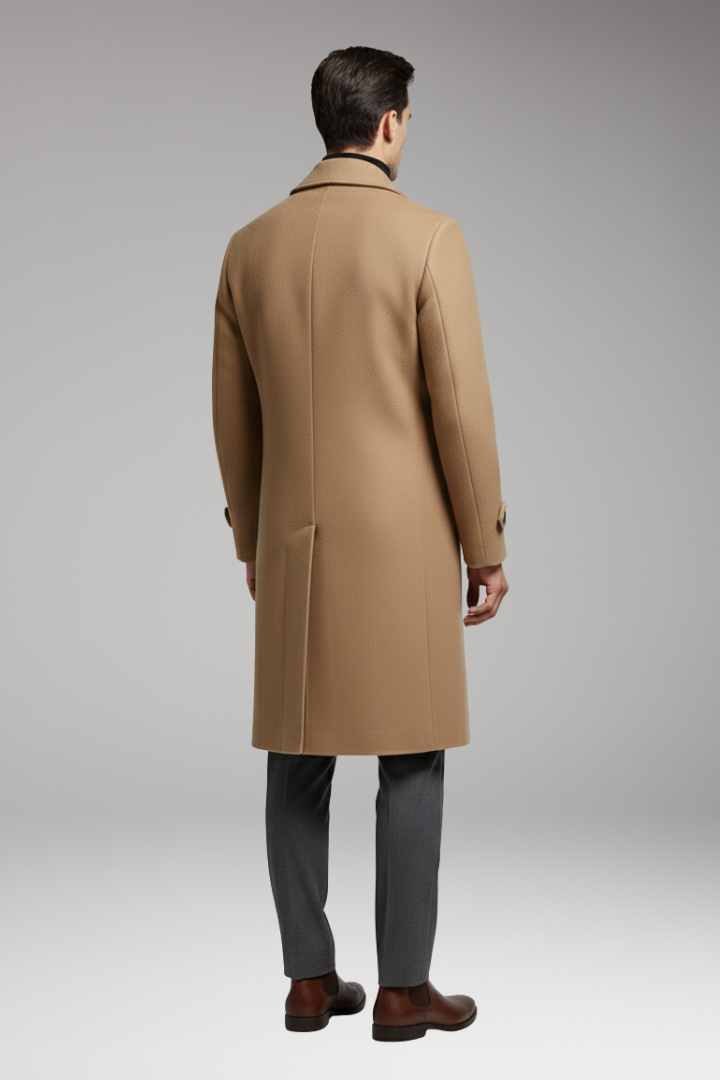 Men's Long Coat with Notched Collar and Dual-Row Front Fastening
