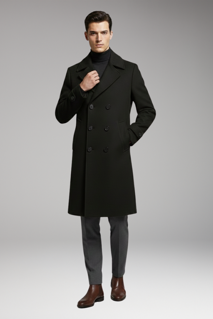 Men's Long Coat with Notched Collar and Dual-Row Front Fastening