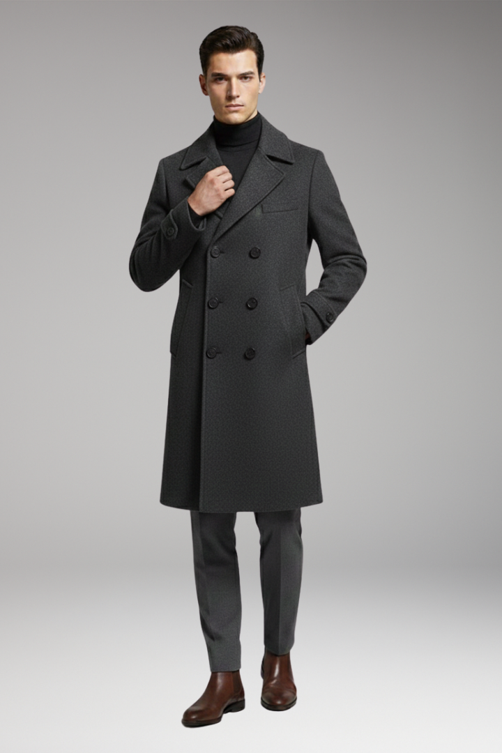 Men's Long Coat with Notched Collar and Dual-Row Front Fastening
