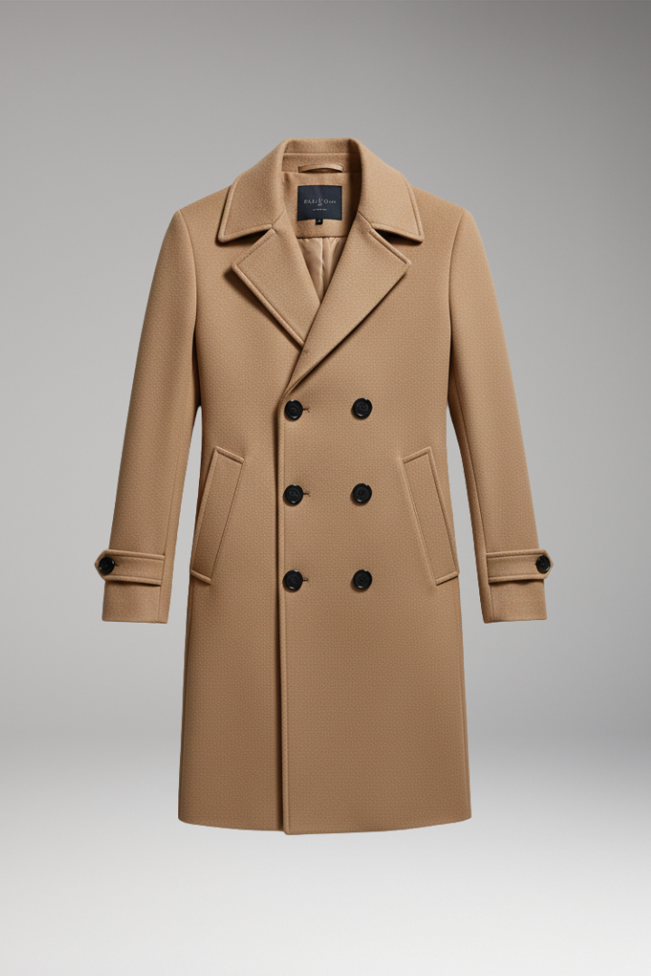 Men's Long Coat with Notched Collar and Dual-Row Front Fastening
