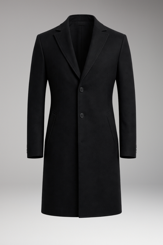 Men's Long Coat with Notched Collar and Side Pockets