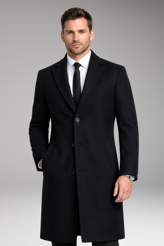 Men's Long Coat with Notched Collar and Side Pockets
