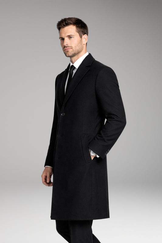 Men's Long Coat with Notched Collar and Side Pockets