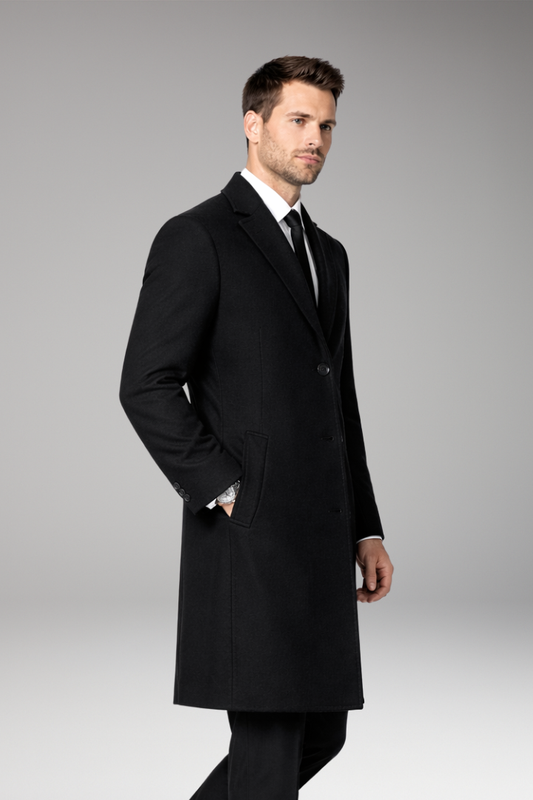 Men's Long Coat with Notched Collar and Side Pockets