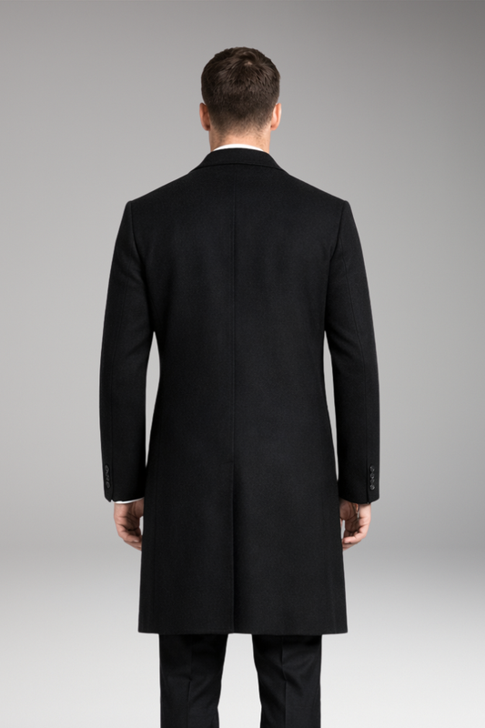 Men's Long Coat with Notched Collar and Side Pockets