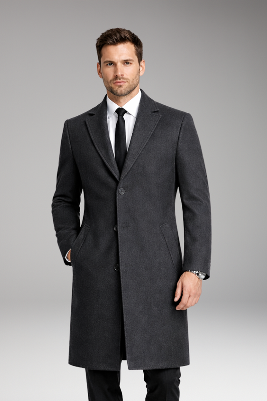 Men's Long Coat with Notched Collar and Side Pockets