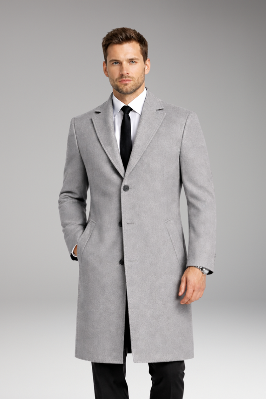 Men's Long Coat with Notched Collar and Side Pockets