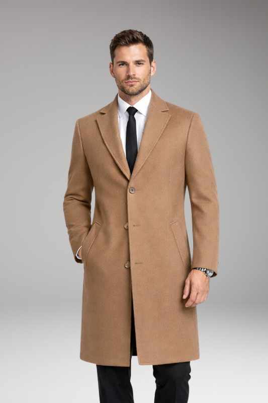 Men's Long Coat with Notched Collar and Side Pockets