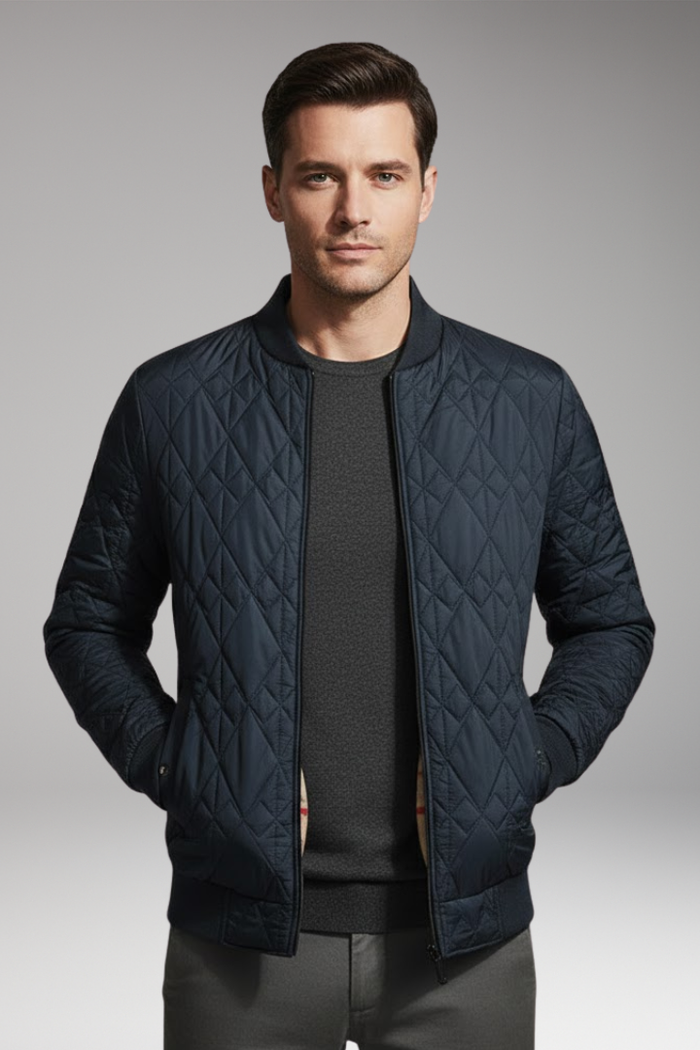Men's Padded Bomber Jacket with Check Pattern and Side Pockets