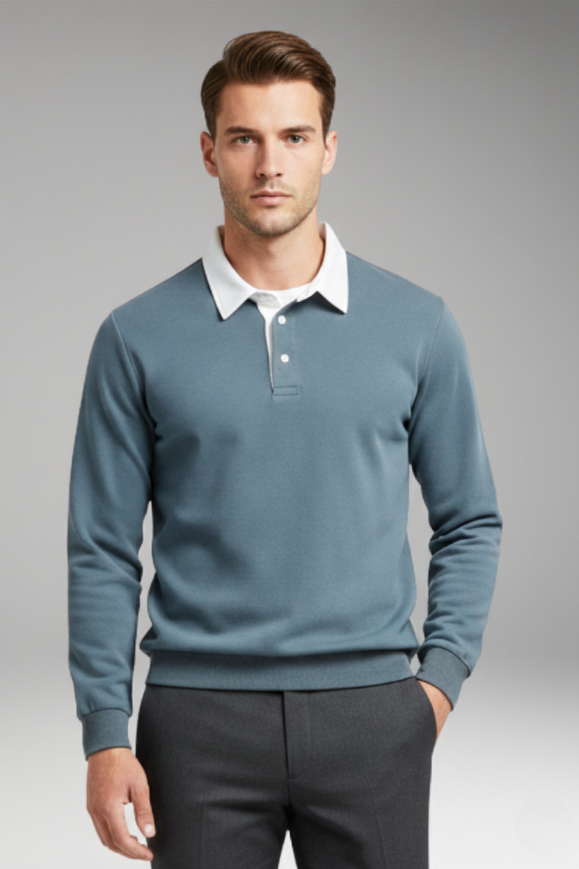 Men's Polo Shirt with Button Closure and Ribbed Cuffs