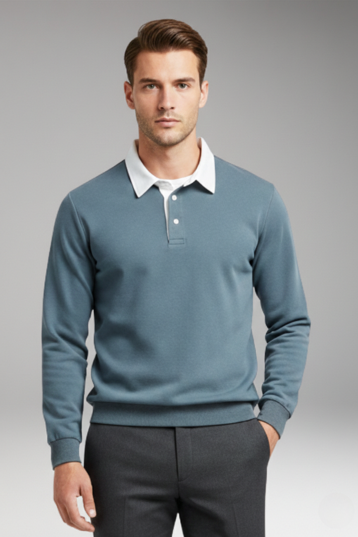 Men's Polo Shirt with Button Closure and Ribbed Cuffs