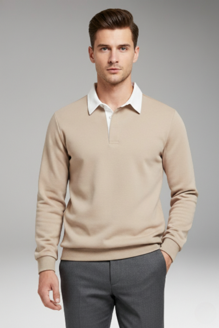Men's Polo Shirt with Button Closure and Ribbed Cuffs