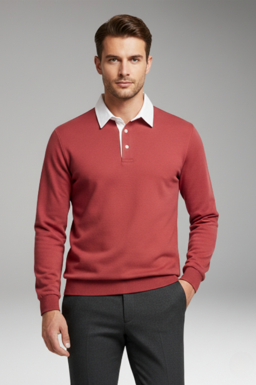 Men's Polo Shirt with Button Closure and Ribbed Cuffs