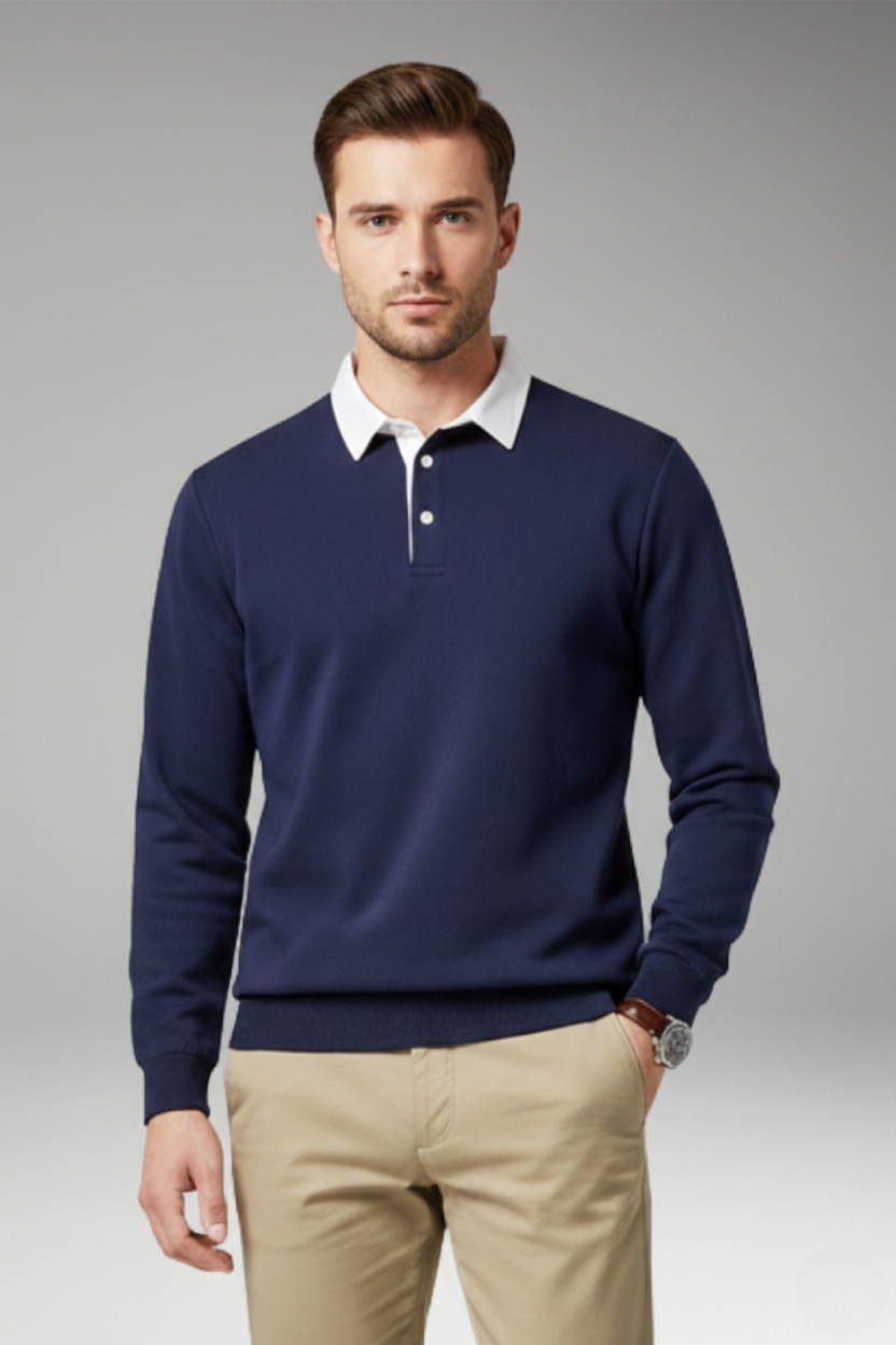 Men's Polo Shirt with Button Closure and Ribbed Cuffs