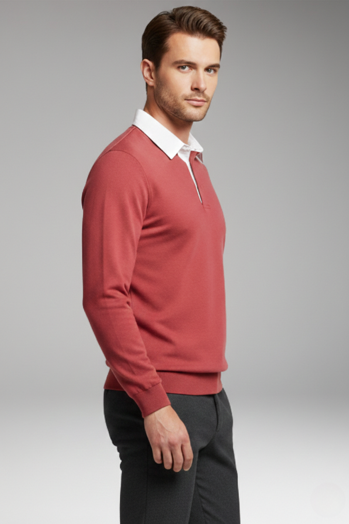 Men's Polo Shirt with Button Closure and Ribbed Cuffs
