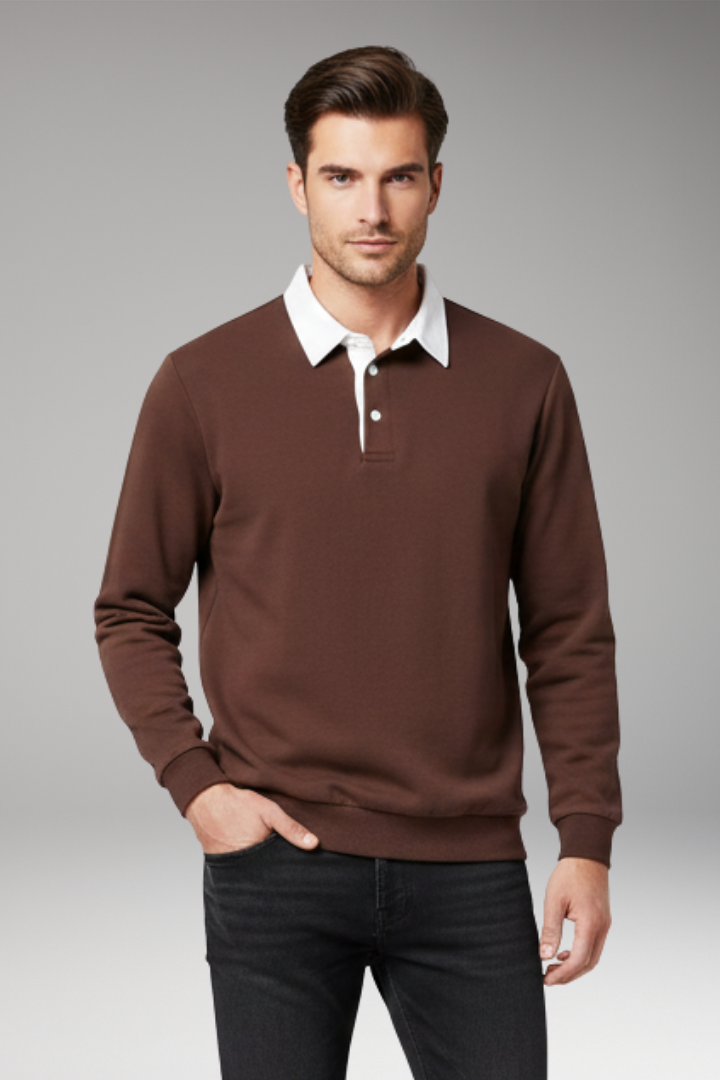 Men's Polo Shirt with Button Closure and Ribbed Cuffs