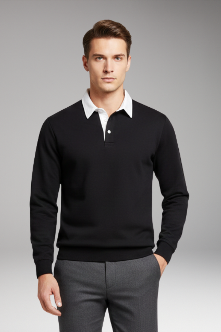 Men's Polo Shirt with Button Closure and Ribbed Cuffs