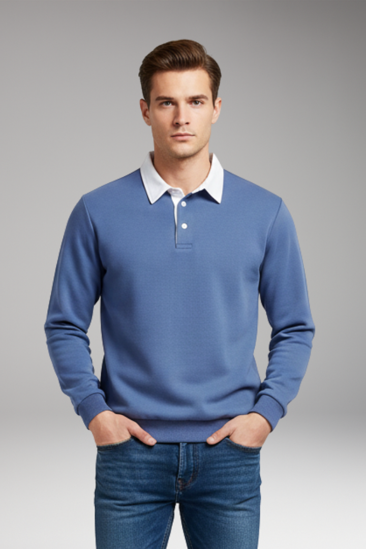 Men's Polo Shirt with Button Closure and Ribbed Cuffs